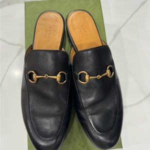 Gucci Princetown Size 39 Black Leather Horsebit Slip On Loafer Mules Flats